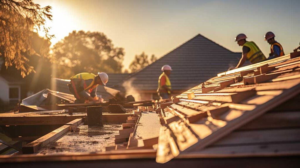 A homeowner discusses roofing plans with a contractor while inspecting shingles on a residential roof.