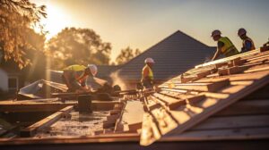 A homeowner discusses roofing plans with a contractor while inspecting shingles on a residential roof.