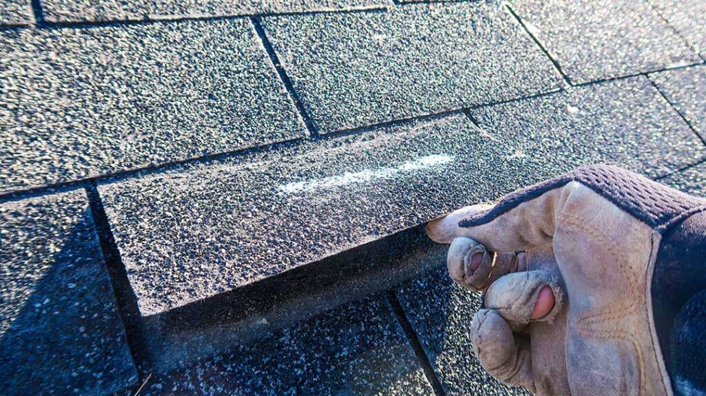 A construction worker installing a skylight on a shingled residential roof under partly cloudy skies.