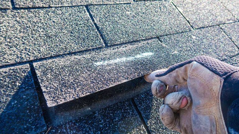 A construction worker installing a skylight on a shingled residential roof under partly cloudy skies.
