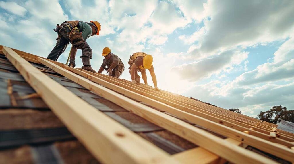 Person placing outdoor lights along a roof edge from a stable ladder on a clear, dry day.